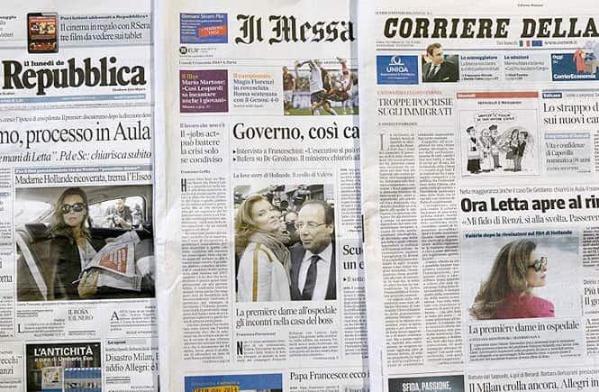 The front pages of the Italian newspapers about Hollande's alleged affair with Julie Gayet and the hospitalisation of French first lady Valerie Trierweiler. (AFP photo)</strong) The front pages of the Italian newspapers about Hollande's alleged affair with Julie Gayet and the hospitalisation of French first lady Valerie Trierweiler. (AFP photo)</strong)