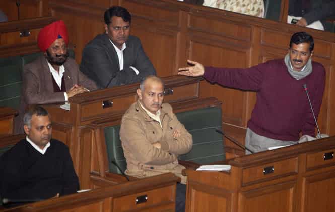 Delhi CM Arvind Kejriwal speaks during confidence vote in Delhi assembly. (PTI photo)</em) Delhi CM Arvind Kejriwal speaks during confidence vote in Delhi assembly. (PTI photo)</em)