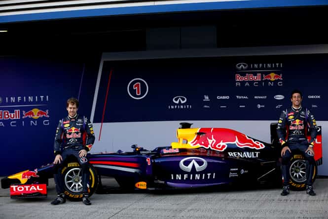 Red Bull Formula One drivers Sebastian Vettel (L) of Germany and Daniel Ricciardo of Australia pose with the new RB10 during the official presentation of the Red Bull Formula One Team 2014 at the Jerez racetrack in southern Spain. Reuter) Red Bull Formula One drivers Sebastian Vettel (L) of Germany and Daniel Ricciardo of Australia pose with the new RB10 during the official presentation of the Red Bull Formula One Team 2014 at the Jerez racetrack in southern Spain. Reuter)