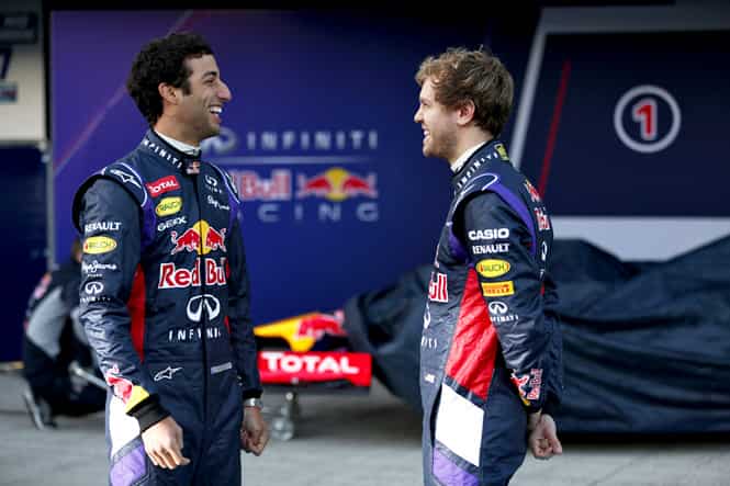 Red Bull Formula One drivers Sebastian Vettel (R) of Germany and Daniel Ricciardo of Australia smile after unveiling the new RB10 during the official presentation of the Red Bull Formula One Team 2014. Reuter) Red Bull Formula One drivers Sebastian Vettel (R) of Germany and Daniel Ricciardo of Australia smile after unveiling the new RB10 during the official presentation of the Red Bull Formula One Team 2014. Reuter)