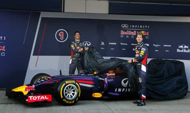 Infiniti Red Bull Racing drivers Sebastian Vettel of Germany, left, and Daniel Ricciardo of Australia, right, unveil their new RB10 Formula One car at the Circuito de Jerez, in Jerez de la Frontera, Spain. AP Photo Infiniti Red Bull Racing drivers Sebastian Vettel of Germany, left, and Daniel Ricciardo of Australia, right, unveil their new RB10 Formula One car at the Circuito de Jerez, in Jerez de la Frontera, Spain. AP Photo