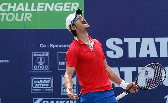 I Bozoljac of Serbia reacts during the ATP Challenger Tour Semifinal match against Aleksandr Nedovyesov of Kazakhstan. (PTI Photo)