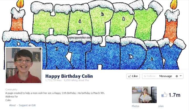 A screen grab of the Facebook page created by Colin's mom. (Facebook)
</div) A screen grab of the Facebook page created by Colin's mom. (Facebook)
</div)