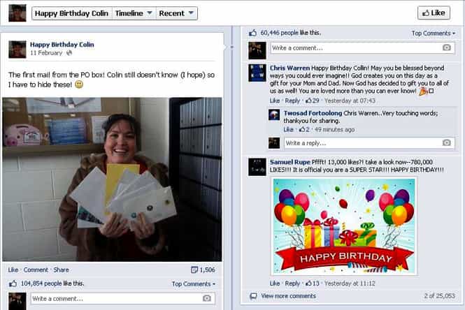 A screen grab of the Facebook page created by Colin's mom. (Facebook)
</div) A screen grab of the Facebook page created by Colin's mom. (Facebook)
</div)