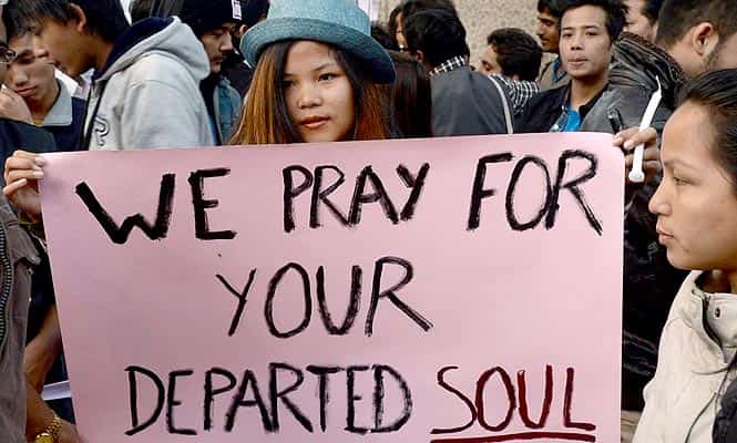 Students from the northeastern states and supporters hold placards as they protest against racism and death of northeastern student Nido Tania in New Delhi. (AFP Photo)
</div) Students from the northeastern states and supporters hold placards as they protest against racism and death of northeastern student Nido Tania in New Delhi. (AFP Photo)
</div)