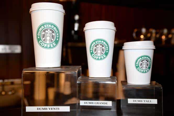 Dumb venti, grande and tall cups are displayed inside Dumb Starbucks coffee shop in the Los Feliz area of Los Angeles. (AFP photo)</strong) Dumb venti, grande and tall cups are displayed inside Dumb Starbucks coffee shop in the Los Feliz area of Los Angeles. (AFP photo)</strong)