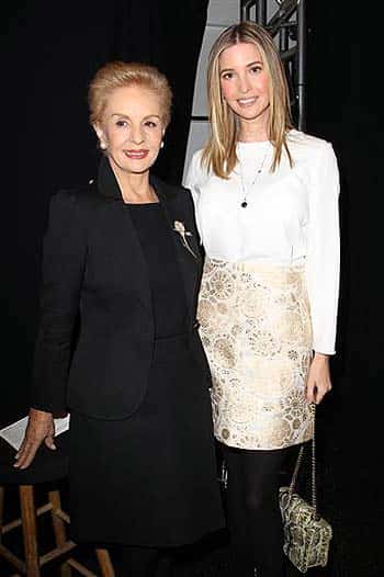 Carolina Herrera, left, and Ivanka Trump backstage at the Carolina Herrera Fall 2014 show during Fashion Week in New York. (AP)</font></strong> 
</div)
