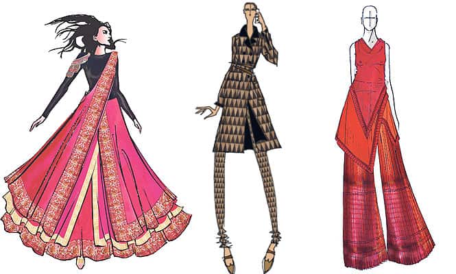 Left to right: Sketches by Ashima-Leena, Abraham and Thakore, Urvashi Kaur. (HT Photo)</strong) Left to right: Sketches by Ashima-Leena, Abraham and Thakore, Urvashi Kaur. (HT Photo)</strong)