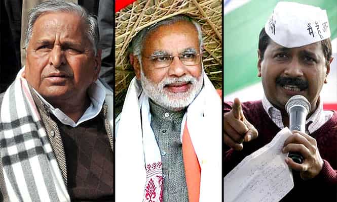 A combination image of Mulayam Singh Yadav, Narendra Modi and Arvind Kejriwal