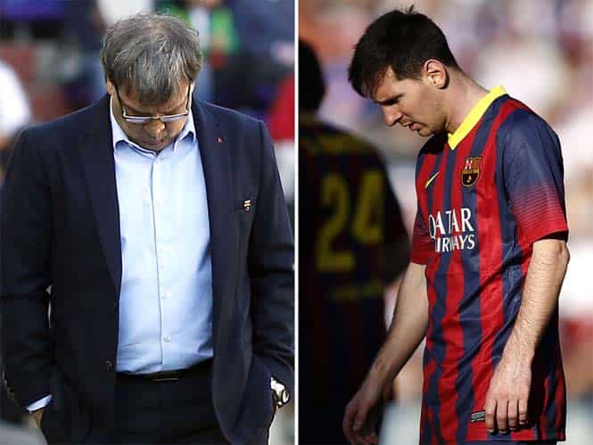 Barcelona coach Gerardo 'Tata' Martino and Lionel Messi during the team's Spanish first division soccer match against Valladolid at Jose Zorilla stadium in Valladolid. (Reuters photo)</strong)