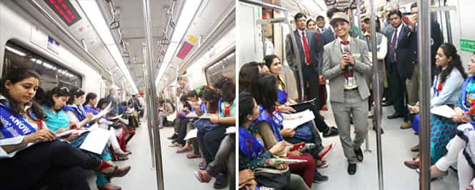 A group of regular women Metro commuters enjoying a metro ride on the invitation of DMRC during the launch of its Know Your Metro campaign for commuters on the occasion International Women's Day in New Delhi on Saturday. (L) The participants fill up a fun quiz on the metro ride (PTI Photo) A group of regular women Metro commuters enjoying a metro ride on the invitation of DMRC during the launch of its Know Your Metro campaign for commuters on the occasion International Women's Day in New Delhi on Saturday. (L) The participants fill up a fun quiz on the metro ride (PTI Photo)