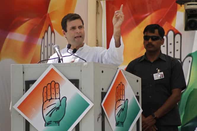 Congress vice-president Rahul Gandhi addresses an election campaign rally at Deoli town in Tonk district, Rajasthan. (AP photo)</strong) Congress vice-president Rahul Gandhi addresses an election campaign rally at Deoli town in Tonk district, Rajasthan. (AP photo)</strong)