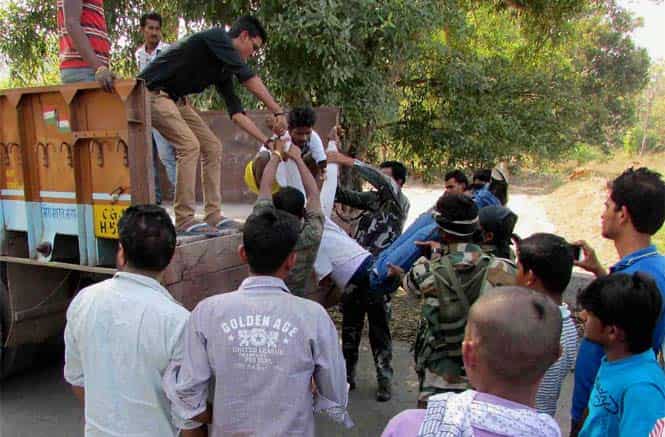 An injured man is taken for treatment after Maoists attacked a CRPF search party near Tongpal in Sukma district of Chhattisgarh. PTI Photo An injured man is taken for treatment after Maoists attacked a CRPF search party near Tongpal in Sukma district of Chhattisgarh. PTI Photo