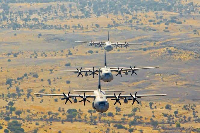 File photo: Indian Air Force C-130J Super Hercules transport aircraft fly in a low-level tactical formation during the Shoor Veer military exercise near Hanumangarh, located near the India-Pakistan border. (AFP photo)</em) File photo: Indian Air Force C-130J Super Hercules transport aircraft fly in a low-level tactical formation during the Shoor Veer military exercise near Hanumangarh, located near the India-Pakistan border. (AFP photo)</em)