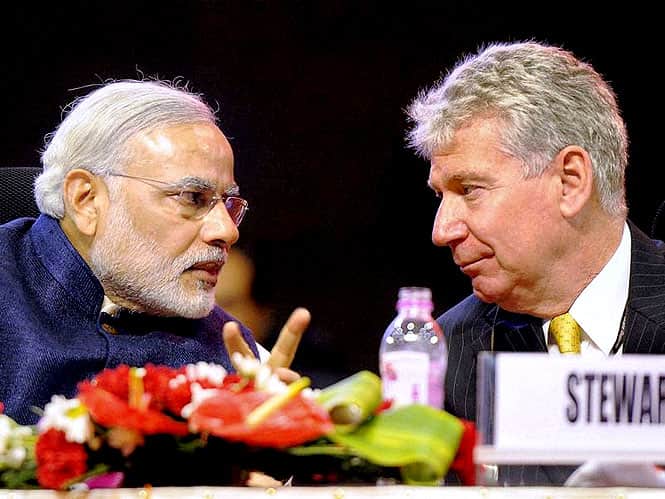 Gujarat chief minister Narendra Modi with Canada's High Commissioner to India, Stewart Beck at the Vibrant Gujarat Global Investors Summit 2013 in Gandhinagar. (PTI photo) Gujarat chief minister Narendra Modi with Canada's High Commissioner to India, Stewart Beck at the Vibrant Gujarat Global Investors Summit 2013 in Gandhinagar. (PTI photo)