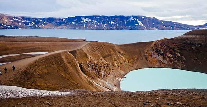 The crater of Askja, a volcano in Iceland, contains two lakes, one of which contains hot water The crater of Askja, a volcano in Iceland, contains two lakes, one of which contains hot water