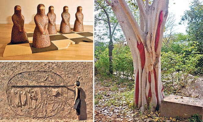Anindita Dutta’s works are made from extensive use of clay and other mediums; Spanish artist Ana B Hernandez's work on a tree that represents a cocoon, a large tree with red cloth shows a connection between humans and nature. (HT PHOTO)</font></strong) Anindita Dutta’s works are made from extensive use of clay and other mediums; Spanish artist Ana B Hernandez's work on a tree that represents a cocoon, a large tree with red cloth shows a connection between humans and nature. (HT PHOTO)</font></strong)