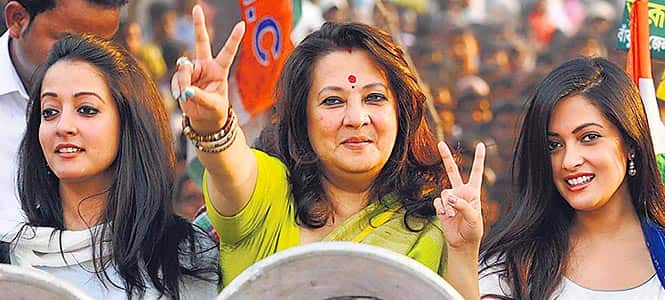 Daughters Raima and Riya Sen campaign for their mother Moon Moon Sen. Daughters Raima and Riya Sen campaign for their mother Moon Moon Sen.