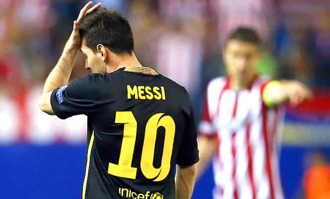 Barcelona's Lionel Messi reacts during his team's match against Atletico Madrid in their Champions League quarter-final second leg soccer match in Madrid. (Reuters photo)
</div) Barcelona's Lionel Messi reacts during his team's match against Atletico Madrid in their Champions League quarter-final second leg soccer match in Madrid. (Reuters photo)
</div)