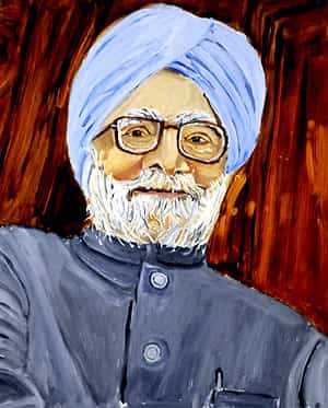 A detail of a portrait of Indian Prime Minister Manmohan Singh which is part of the exhibit "The Art of Leadership: A President's Diplomacy," is on display at the George W. Bush Presidential Library and Museum in Dallas. (AP photo)</em> 
</div)