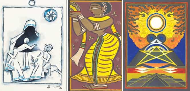 MF Husain's untitled work, an artwork by Jamini Roy and a painting by Santosh. (HT PHOTO)</strong)
