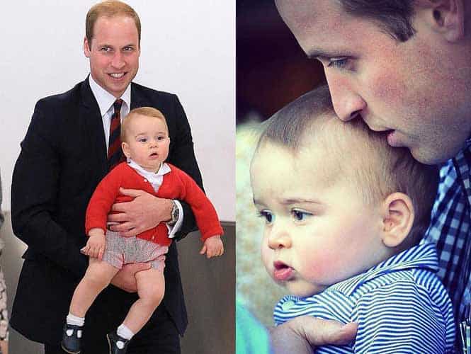 Britain's Prince William (R) and his wife Catherine (C), carrying baby Prince George, as they arrive at the international airport in Wellington. (AFP Photo)</em)