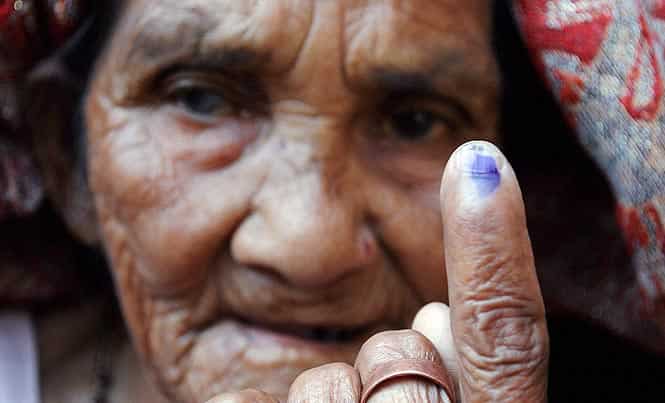 An elderly lady showing her ink-marked finger after casting her vote at Ri Bhoi District of Meghalaya. Photo by PTI An elderly lady showing her ink-marked finger after casting her vote at Ri Bhoi District of Meghalaya. Photo by PTI