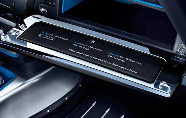 The car features a hand-embroidered glovebox panel listing Campbell's achievements. Photo:AFP Rolls-Royce reveals the Phantom Drophead Coupé Waterspeed Collection