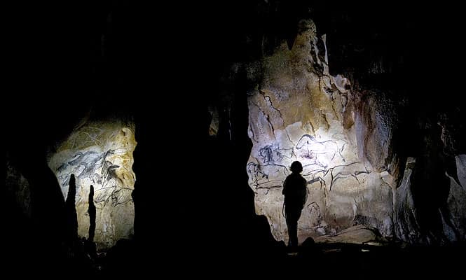 Chauvet cave curator Marie Bardisa looks at cave paintings in the cave. (AFP photo) </em> </div)