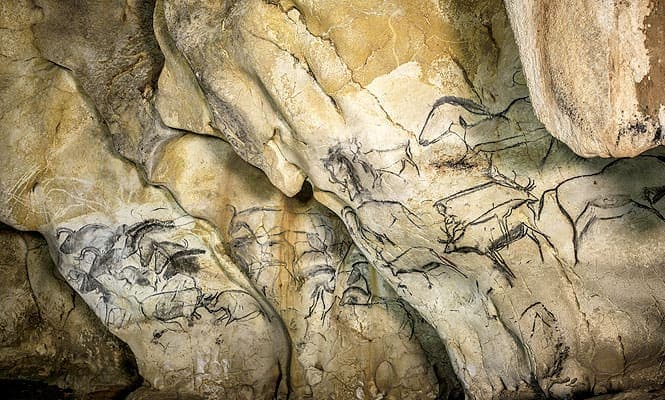 A view of paintings on the rock walls of the Chauvet cave. (AFP photo)</em> </div)