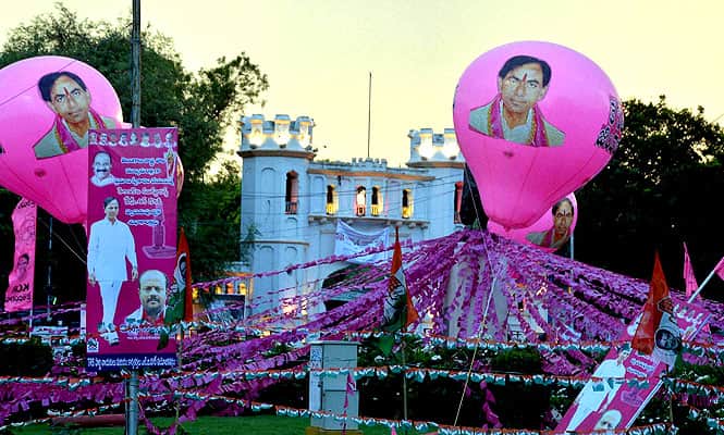A view of the illuminated Gate of the Public Garden near assembly on the eve of the Telangana formation day celebrations in Hyderabad. (PTI photo)</em>
</div) A view of the illuminated Gate of the Public Garden near assembly on the eve of the Telangana formation day celebrations in Hyderabad. (PTI photo)</em>
</div)