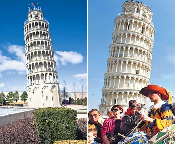 The Leaning Tower of Niles in the US is a half-size copy of the Leaning Tower of Pisa in Italy. The Leaning Tower of Niles in the US is a half-size copy of the Leaning Tower of Pisa in Italy.