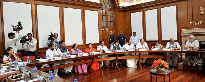 Modi chairing the first Cabinet Meeting of his government in New Delhi. (PTI Photo) </em) Modi chairing the first Cabinet Meeting of his government in New Delhi. (PTI Photo) </em)