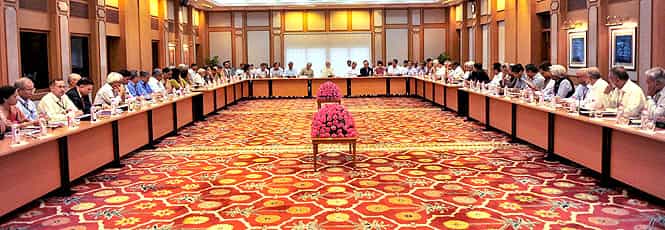 Modi interacts with Secretaries of the Government of India, during their meeting in New Delhi. (PTI Photo)</em) Modi interacts with Secretaries of the Government of India, during their meeting in New Delhi. (PTI Photo)</em)