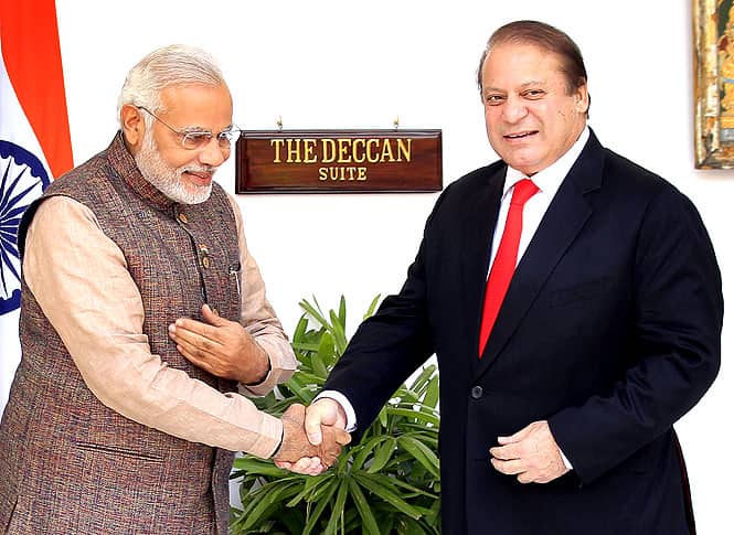 Nawaz Sharif and Narendra Modi prior to a meeting at Hydrabad House, in New Delhi on May 27. (Ajay Aggarwal / HT Photo)</em) Nawaz Sharif and Narendra Modi prior to a meeting at Hydrabad House, in New Delhi on May 27. (Ajay Aggarwal / HT Photo)</em)