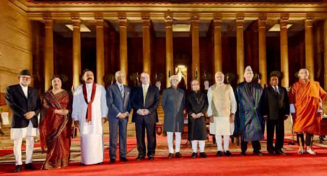 President Pranab Mukherjee, Vice President Hamid Ansari and Prime Minister Narendra Modi with heads of SAARC countries after the swearing-in ceremony at Rashtrapati Bhavan in New Delhi. PTI Photo President Pranab Mukherjee, Vice President Hamid Ansari and Prime Minister Narendra Modi with heads of SAARC countries after the swearing-in ceremony at Rashtrapati Bhavan in New Delhi. PTI Photo