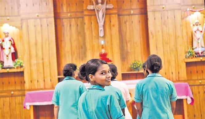 At the Caritas Nursing School, founded in 1962. Caritas is one of Kottayam’s oldest nursing schools. (Saumya Khandelwal/HT Photo)</em) At the Caritas Nursing School, founded in 1962. Caritas is one of Kottayam’s oldest nursing schools. (Saumya Khandelwal/HT Photo)</em)