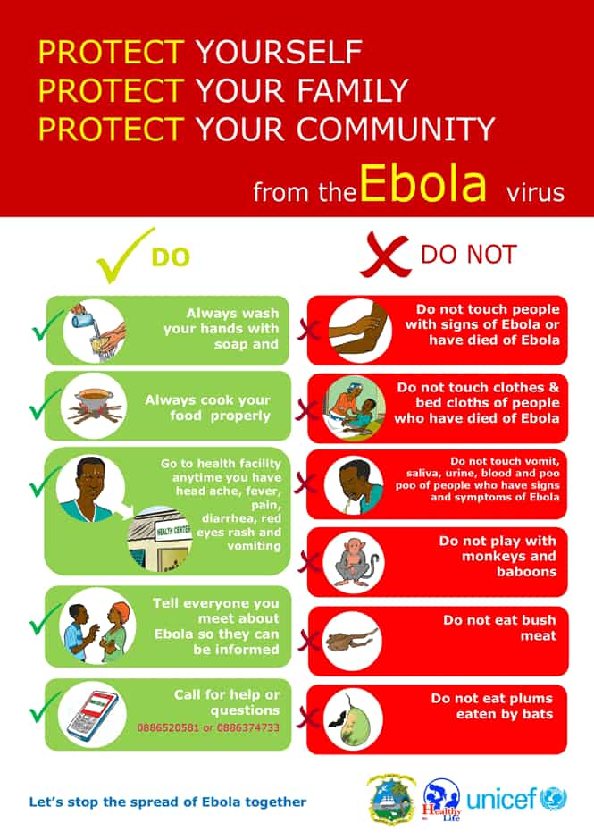 A poster, among those being distributed by UNICEF, bears information and illustrations on the symptoms of Ebola virus disease (EVD) and best practices to help prevent its spread in this 2014 UNICEF handout photo. REUTERS/Leslie Lumeh/UNICEF/Handout 
</div)