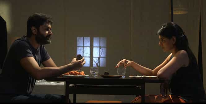 Actor Nandita Das and husband Subodh Maskara in a still from the play, Between The Lines Actor Nandita Das and husband Subodh Maskara in a still from the play, Between The Lines