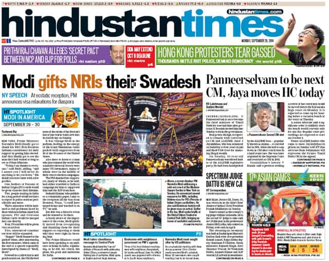 Hindustan Times front page on September 29, 2014. PM Narendra Modi received a rapturous welcome from thousands of Indian-Americans at New York's Madison Square Garden on his visit to the US. Hindustan Times front page on September 29, 2014. PM Narendra Modi received a rapturous welcome from thousands of Indian-Americans at New York's Madison Square Garden on his visit to the US.