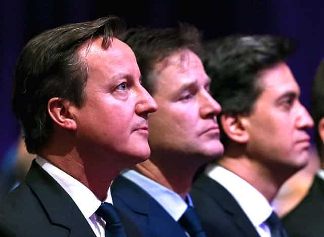 File picture taken on January 27, 2015, Britain's Prime Minister David Cameron (L), British deputy prime minister Nick Clegg (C) and leader of the opposition Labour Party Ed Miliband (R) attend a Holocaust Memorial Day ceremony at Central Hall Westminster in London. AFP Phot)