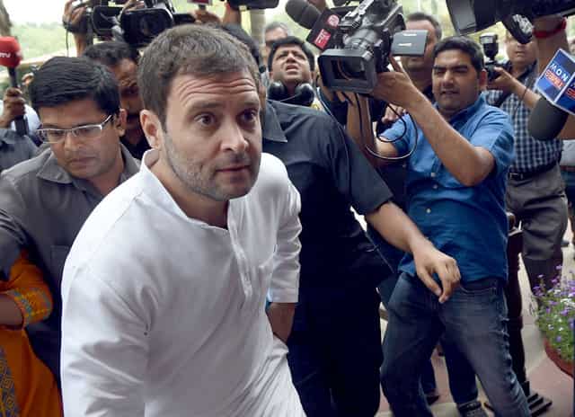 Congress party vice president Rahul Gandhi arrives at Parliament in New Delhi. AFP Photo