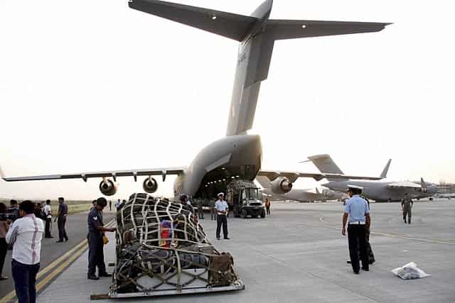 Relief material is loaded into an Indian Air Force aircraft headed to Nepal, in New Delhi on April 25, 2015. PTI Photo Relief material is loaded into an Indian Air Force aircraft headed to Nepal, in New Delhi on April 25, 2015. PTI Photo