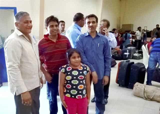 MoS for external affairs Gen (retd) VK Singh with the Indian nationals after they were evacuated from Aden (Yemen) to Djibouti. PTI Phot) MoS for external affairs Gen (retd) VK Singh with the Indian nationals after they were evacuated from Aden (Yemen) to Djibouti. PTI Phot)
