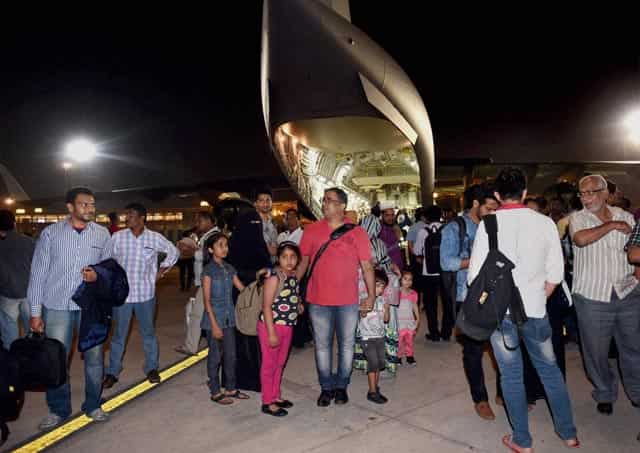 190 Indian nationals who were stranded in Yemen alight from the Indian Air Force C17 (Globemaster) aircraft after being evacuated from Djibouti, at the International Airport in Mumbai. PTI Phot) 190 Indian nationals who were stranded in Yemen alight from the Indian Air Force C17 (Globemaster) aircraft after being evacuated from Djibouti, at the International Airport in Mumbai. PTI Phot)