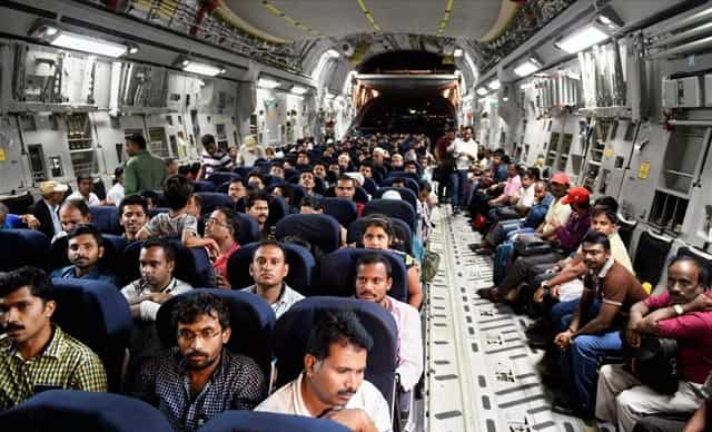190 Indian nationals who were stranded in Yemen alight from the Indian Air Force C17 (Globemaster) aircraft after being evacuated from Djibouti, at the International Airport in Mumbai. PTI Phot) 190 Indian nationals who were stranded in Yemen alight from the Indian Air Force C17 (Globemaster) aircraft after being evacuated from Djibouti, at the International Airport in Mumbai. PTI Phot)