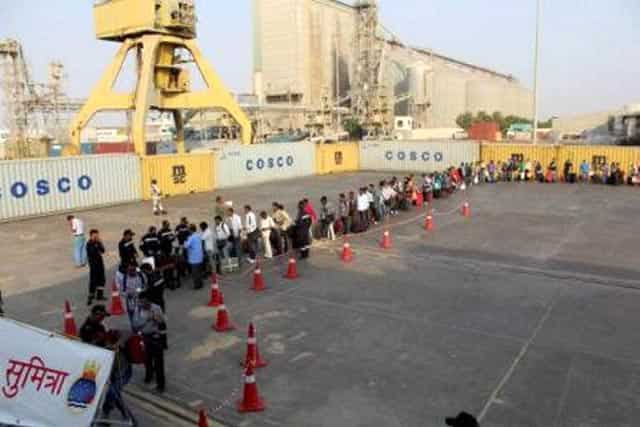 Indians being evacuated from Yemen at Al Hodeidah port. PTI Photo Indians being evacuated from Yemen at Al Hodeidah port. PTI Photo