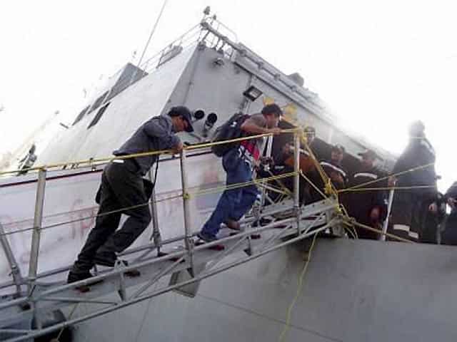 Indians being evacuated from Yemen at Al Hodeidah port. PTI Photo Indians being evacuated from Yemen at Al Hodeidah port. PTI Photo