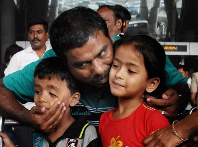 Indian nationals evacuated from Yemen, upon their arrival at the airport in Chennai. PTI Photo Indian nationals evacuated from Yemen, upon their arrival at the airport in Chennai. PTI Photo