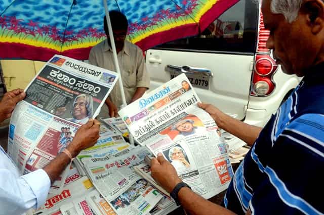 The news of death of APJ Abdul Kalam (83) on front pages of newspapers in Mumbai on Tuesday. (AFP Photo/ Indranil Mukherjee) The news of death of APJ Abdul Kalam (83) on front pages of newspapers in Mumbai on Tuesday. (AFP Photo/ Indranil Mukherjee)